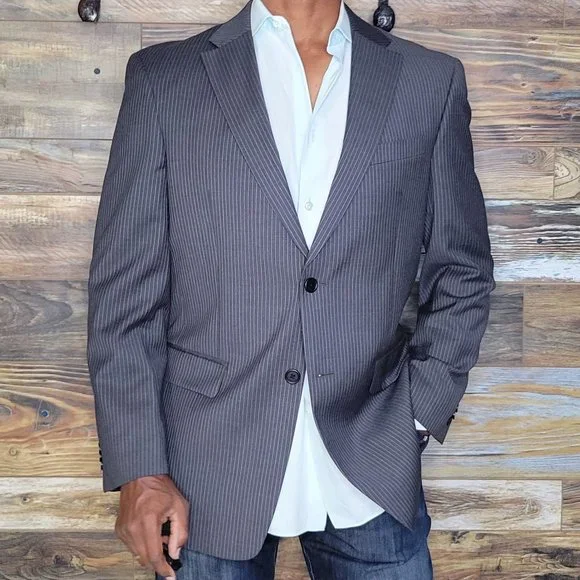Tommy Hilfiger 100% Wool Gray Striped Double Vented Blazer Sport - Main Image